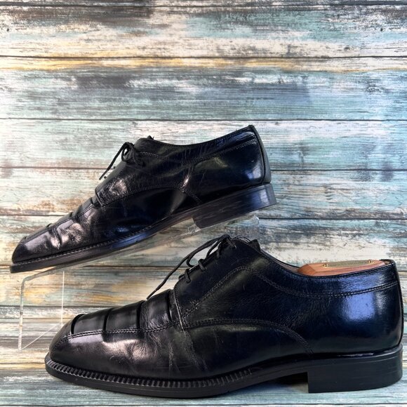 Adolfo Derby Dress Shoe Mens 9.5M Shiny Black Leather Pleated Apron Toe Handmade main image 12